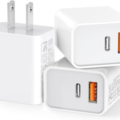 3 Pack USB C Wall Charger, 20W Durable Dual Port QC+PD 3.0 Power Adapter, Double Fast Plug Charging Block for iPhone 13/14/15/16/16 Pro/Pro Max/Plus, XS/XR/X, Watch Series 8/7 Cube，White