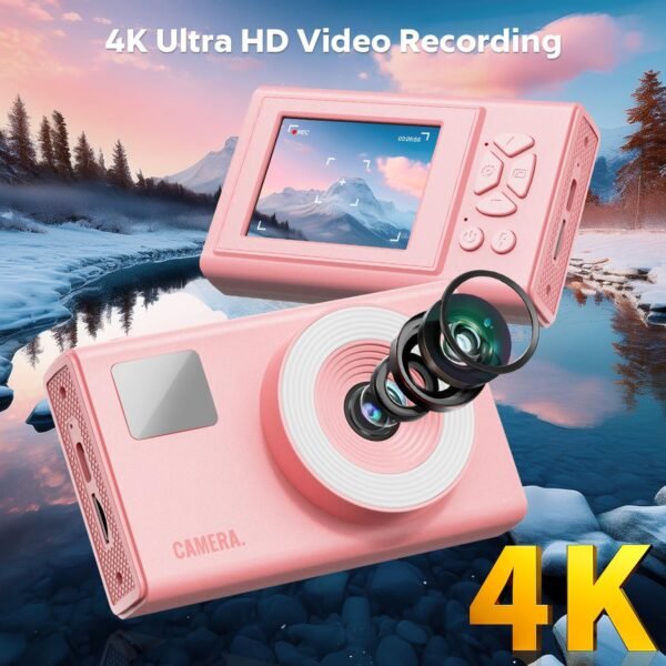 Digital Camera, 48MP AutoFocus UHD 4K Vlogging Canera 16X Digital Zoom, Anti-Shake Portable Point and Shoot Kids Camera, Compact Small Camera for Kids Teens Boys Girls(Pink) - Image 3