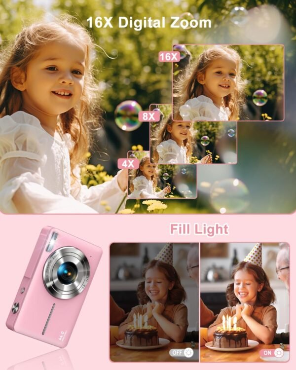 Digital Camera, FHD 1080P with 32GB SD Card Point and Shoot Camera, 16X Digital Zoom Portable Small Anti-Shake for Kids Teens Boys Girls Student Seniors-Pink - Image 3