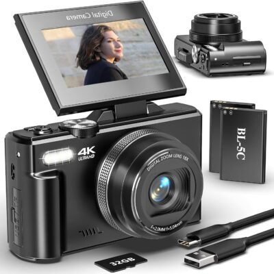 Digital Cameras for Photography, Vlogging Camera for YouTube with Autofocus 3” 180° Flip Screen Selfie WiFi Camera 18X Digital Zoom Flash Light 2 Batteries & 32GB SD Card