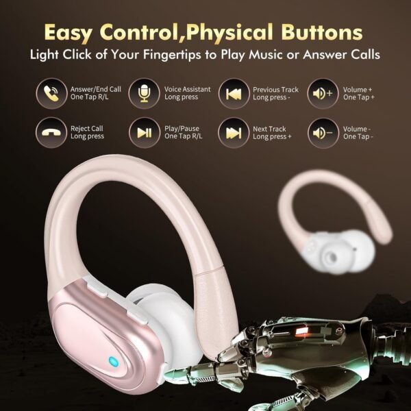 Wireless Earbuds Sport Headphones 5.3, 80Hrs Stereo New Bluetooth Earbuds with HD Mic, Ear buds with Earhooks ENC Noise Canceling Earphones, IP7 Waterproof Headset for Sports/Workout/Running Rose Gold - Image 4