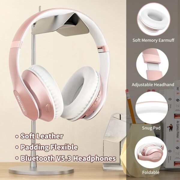 Wireless Bluetooth Headphones Over Ear 65H Playtime HiFi Stereo Headset with Microphone and 6EQ Modes Foldable Bluetooth V5.3 Headphones for Travel Smartphone Computer Laptop Rose Gold - Image 4