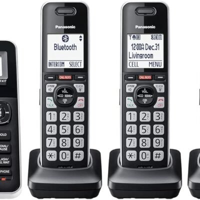 Panasonic Cordless Phone with Advanced Call Block, Link2Cell Bluetooth, One-Ring Scam Alert, and 2-Way Recording with Answering Machine, 5 Handsets – KX-TGF975B (Black with Silver Trim)