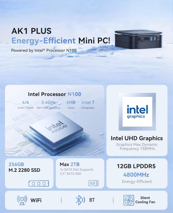 KAMRUI Mini PC Computers, AK1PLUS 12GB LPDDR5 RAM 256GB SSD, Mini Desktop Computer Intel N100 Mini PC, 4 Core Micro PC, Desktop PC 4K, Support 2.5’’ SSD, 2.4G/ 5.0G WiFi, Ethernet, HTPC - Image 2