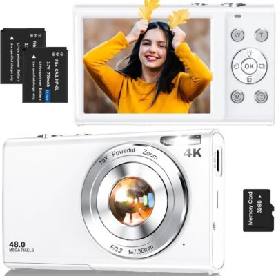 Digital Camera,Autofocus 4K Vlogging Camera for Photography with 32GB Card,48MP Portable Compact Point and Shoot Digital Camera for Teens Adult Beginner with 16X Zoom,Anti-Shake,2 Batteries(White)