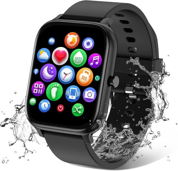 Smart Watch for Men Women Compatible with iPhone Samsung Android Phone 1.83 inch Full Touch Screen IP68 Waterproof Bluetooh Fitness Tracker Heart Rate/Sleep Monitor, Black