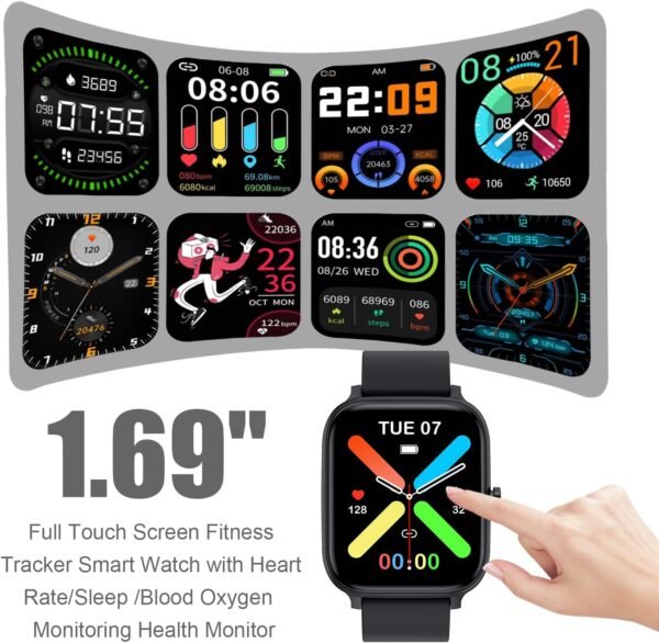 Smart Watch for Men Women Compatible with iPhone Samsung Android Phone 1.83 inch Full Touch Screen IP68 Waterproof Bluetooh Fitness Tracker Heart Rate/Sleep Monitor, Black - Image 2