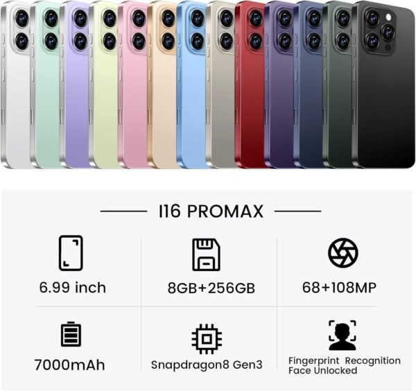 I16 PROMAX 5G Cell Phone,Smartphone Unlocked Cell Phone 8GB+256GB/6.99" Display/68MP+108MP Camera/7000 mAh Battery Super Endurance, Dual SIM Card/Face Unlock/GPS (Pale Purple) - Image 3