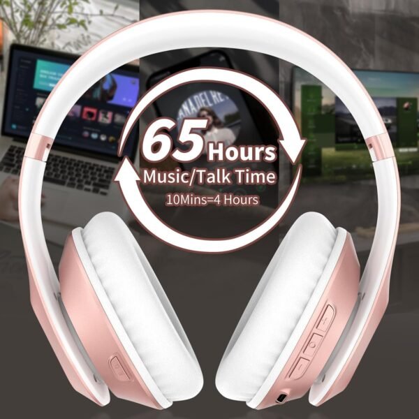 Wireless Bluetooth Headphones Over Ear 65H Playtime HiFi Stereo Headset with Microphone and 6EQ Modes Foldable Bluetooth V5.3 Headphones for Travel Smartphone Computer Laptop Rose Gold - Image 3