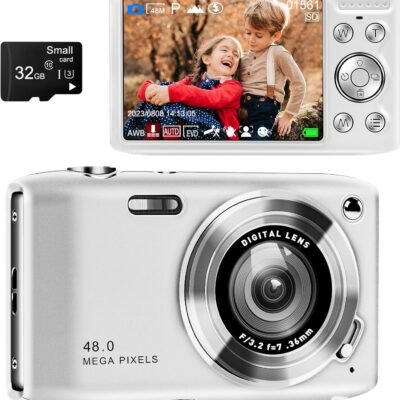 48MP Point and Shoot Digital Camera with Macro Mode, 4K HD Compact Digital Camera with Flash 16x Zoom Anti Shake 2.88 inch IPS Screen Small Digital Camera 32GB SD Card for Teens Kids Seniors, Silver