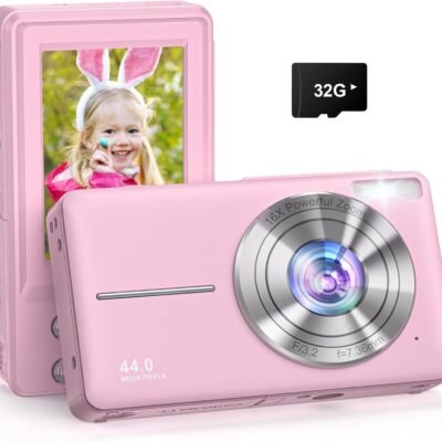 Digital Camera, 44MP FHD 1080P Camera for Kids with 32GB Card, Point and Shoot Digital Camera for Teens with 16X Zoom, Portable Kids Camera Gifts for Girls Boys Student Children(Pink)