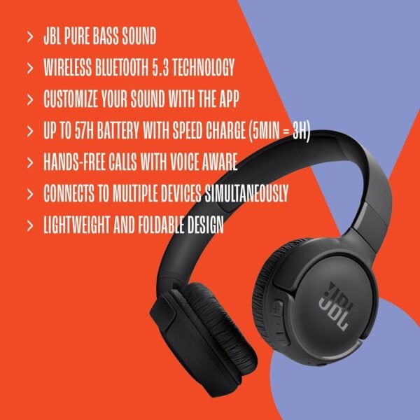 JBL Tune 520BT - Wireless On-Ear Headphones, Up to 57H Battery Life and Speed Charge, Lightweight, Comfortable and Foldable Design, Hands-Free Calls with Voice Aware (Purple) - Image 8