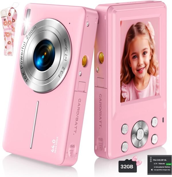 Digital Camera, FHD 1080P with 32GB SD Card Point and Shoot Camera, 16X Digital Zoom Portable Small Anti-Shake for Kids Teens Boys Girls Student Seniors-Pink