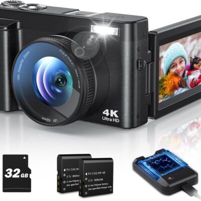 4K Digital Camera for Photography Autofocus, 48MP Vlogging Camera with Flash Anti-Shake, 3” 180° Flip Screen Compact Travel Camera 16X Zoom Camera for Teens with 32G Card, Battery Charger