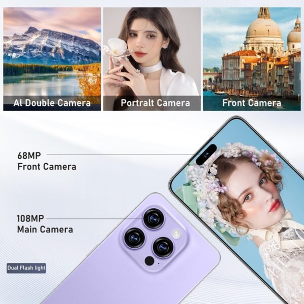 I16 PROMAX 5G Cell Phone,Smartphone Unlocked Cell Phone 8GB+256GB/6.99" Display/68MP+108MP Camera/7000 mAh Battery Super Endurance, Dual SIM Card/Face Unlock/GPS (Pale Purple) - Image 4