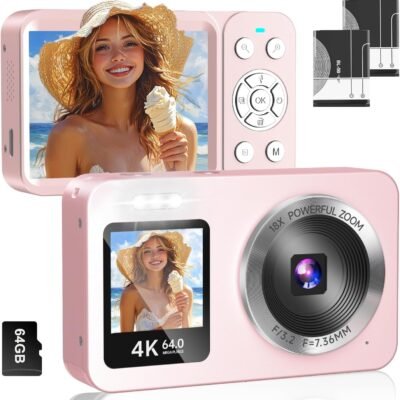 Digital Camera 4K 64MP Dual-Screen Camera with 18X Zoom, 64GB TF Card, 2 Batteries, Compact Small Gift Point and Shoot Digital Camera for Kid Student Children Teen Girl Boy, 2 Lanyard(Pink)