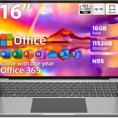 jumper Laptop Computer 16 Inch, Office 365, Laptops with 16GB RAM, 1152GB Storage, FHD IPS 1920×1200 Display, 12th N95 CPU(Up to 3.4GHz), 38WH Battery, 2 Speakers, Mini HDMI, 16:10.