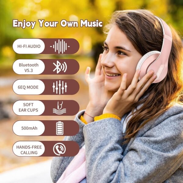 Wireless Bluetooth Headphones Over Ear 65H Playtime HiFi Stereo Headset with Microphone and 6EQ Modes Foldable Bluetooth V5.3 Headphones for Travel Smartphone Computer Laptop Rose Gold - Image 6